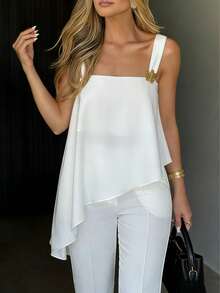 Women's Sleeveless Asymmetric Hem Sheer Camisole Shirt With Decorative Straps, Summer White - White - View 3