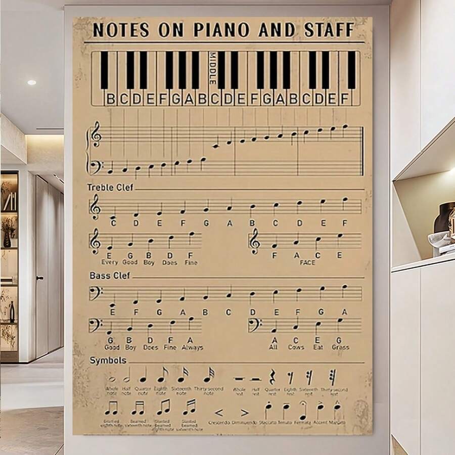 Framed Vintage Piano Music Notes And Staff Chart Canvas Poster - High-Quality Wall Art For Home, Office, And Classroom Decor, Perfect For Music Enthusiasts And Teachers, Educational Canvas Print With Piano Keyboard Guide - 框架 - 查看 1