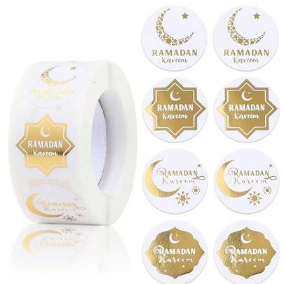 500 st/rulle Eid Mubarak-klistermärken, vita och guldfärgade månklistermärken, lämpliga för islamiska Ramadan-festgåvor, presentaskar, muggar, matetiketter, Eid Al-Adha-dekor