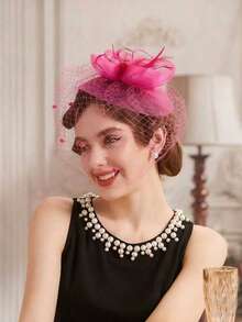 Women's Headpiece Hat - 50s 60s Style Floral Mesh Ribbon Feather Headband With Clip, Elegant For Tea Party, Kentucky Derby Or Wedding, Special Occasion Hat | Vintage Style Hat | Feather Decorated Hat, Back To School, Halloween - 62129 Rose Red - View 3