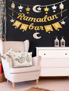 Bộ 3 banner treo trang trí Eid Mubarak màu trắng và vàng, làm bằng nỉ, họa tiết trăng, sao, đèn lồng, chuông và tua rua, thích hợp để trang trí tường nền cho các bữa tiệc, lễ hội. - Nhiều màu - Xem 2