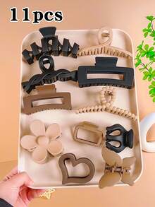 11pcs Women Hair Clips Butterfly, Heart, Flower Design Hair Clips In Black & Brown