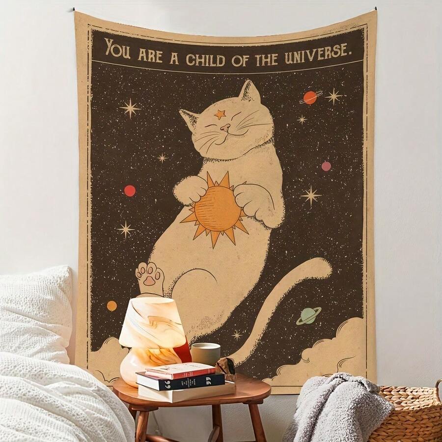 A Sun Tarot Card Cat Tapestry Wall Hanging - A Vintage-Style Home Decor Item For The Bedroom. - Multifärgad - Visa 1