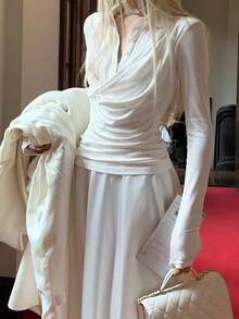 Plunging Neck Splicing 2 In 1 Fitted Long Sleeve T-Shirt Blouse For Women, Stylish Design White Casual - White - View 3