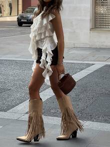 Women's White Ruffle Asymmetric Tank Top | V-Neck Sleeveless Casual Top - Apricot - View 4