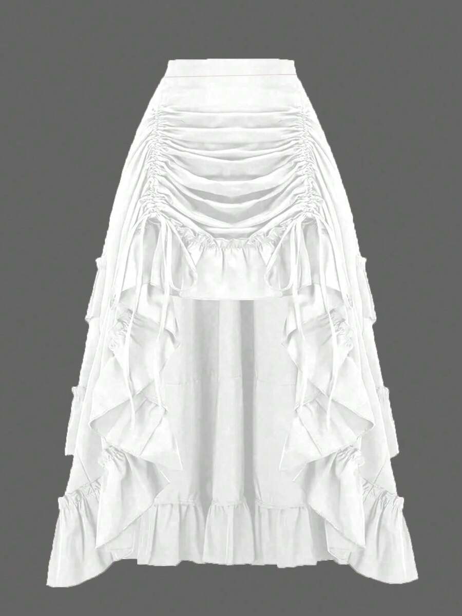 Vintage American High-Waisted Ruched Ruffled Hem Skirt, Asymmetrical Layered Mid-Length Skirt, Y2K Goth Slim Fit Skirt, Spring/Summer Asymmetrical Ruched Gothic Style Skirt White - White - View 1