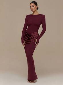 Wine Red Knit Maxi Dress, Long Sleeve Design, Waist Ruffle Detail, Elegant Party Attire - Burgundy - View 3