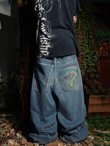 Grunge Goth Y2K Style Men's Casual Embroidered Loose Wide-Leg Jeans, Versatile All-Season, Fashionable Streetwear, Suitable For Work, Commute, Stage Performance, Hangout, Outdoor - Blue - View 2