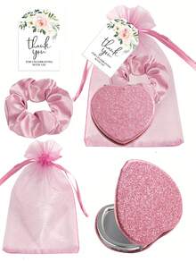 4pcs Pink Flashing Heart Folding Compact Mirrors & Hair Ties, Includes Thank You Card & Drawstring Bag, Suitable For Bridal Shower, Bachelorette Party, Birthday, Back To School, Mother's Day, Valentine's Day Gifts - Multicolor - View 6