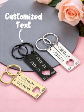 Llavero de pareja con forma de corazón y fecha personalizada en acero inoxidable, estilo INS, fácil de llevar, fecha y nombre personalizados, regalo romántico para el Día de San Valentín, regalo de aniversario