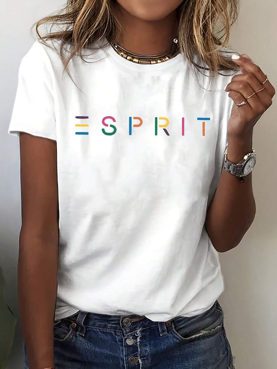 女士时尚彩色字母印花圆领短袖休闲T恤度假白色夏季 - 白色 - 查看 1