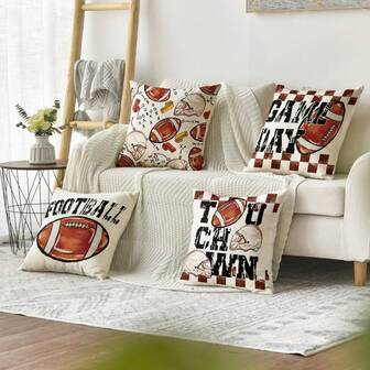 4pcs Brown Football Helmet & Whistle Plaid Pattern Throw Pillow Covers, Soft & Comfortable Polyester Cushion Covers, 45x45cm (17.72x17.72inch), Zipper Closure, Machine Washable, Suitable For Home Decor, Living Room, Bedroom, Hotel, Sports Venue Lounge, Outdoor, Football Fans Gift (Cushion Covers Only - Insert Not Included)
