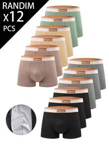 12-Piece Random Men's Boxer Briefs Set: "Pants" Logo Elastic Waistband Breathable Mesh Lining Soft Multi-Tone Daily Underwear - Multicolor - View 1