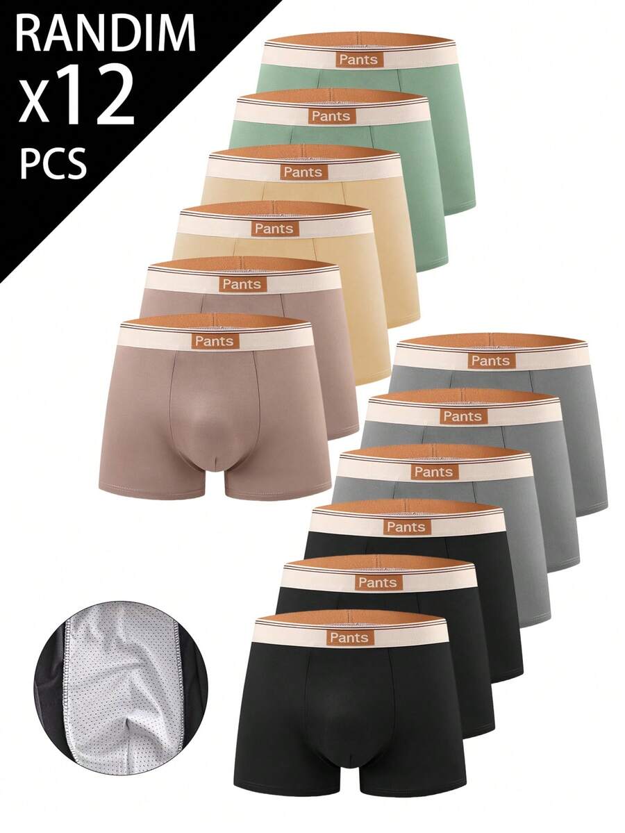 12-Piece Random Men's Boxer Briefs Set: "Pants" Logo Elastic Waistband Breathable Mesh Lining Soft Multi-Tone Daily Underwear - Multicolor - View 1