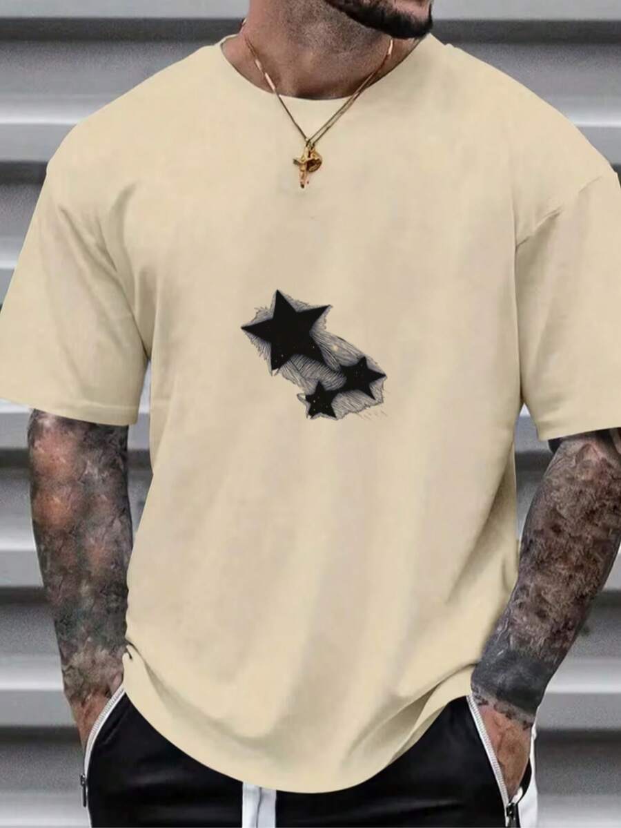 Essential White Cotton T-Shirt With Black Star Pattern - 卡其色 - 查看 1