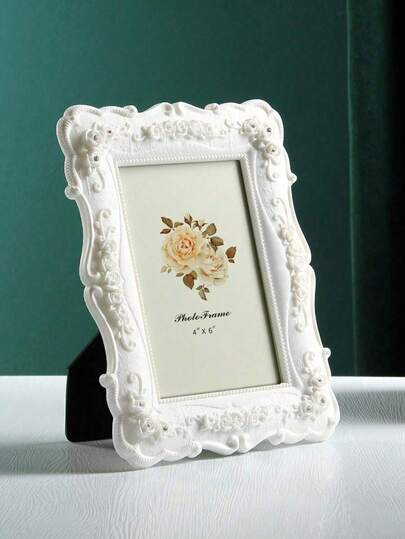 1pc Classic Retro Photo Frame, Vintage Faux Wood Carving Frame (Without Photo Paper), Decorative Desktop/Wall Frame, Floral Carving, Resin Frame, Retro Creative Desktop Display, Mini Square Picture Frame, Home Decor Suitable For Home, Room, Living Room, Office