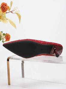 女士V形尖头穆勒鞋，时尚露跟高跟鞋，细高跟凉鞋，低帮高跟鞋，刺绣格纹高跟鞋，性感派对闭趾高跟鞋，漆皮高跟鞋，红色高跟鞋，红色婚鞋，红色高跟凉鞋，宴会鞋，猫跟鞋 - 紅色 - 查看 5