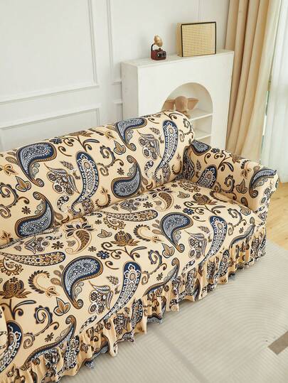 1pc Paisley Print Ruffled Sofa Cover, Dust-Proof & Dirt-Resistant, Elastic Full Coverage Sofa Protector, Living Room Decor, Fits 1/2/3/4 Seater Sofa, All Season, Machine Washable