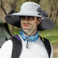 Sombrero solar de doble ventilador para hombres y mujeres - Potencia de viento mejorada, ideal para camping, pesca, senderismo y ciclismo, protección solar al aire libre, accesorios de moda, ropa de cabeza duradera. - Gris - Ver 1
