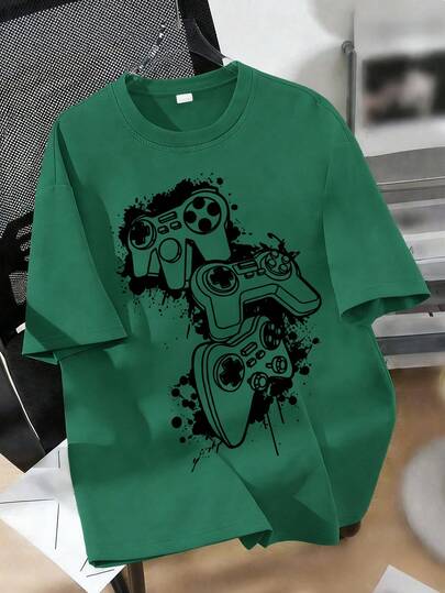 Teenage Boys' Handpainted Graffiti Game Controller Graphic Round Neck T-Shirt, New Summer Boys Clothing