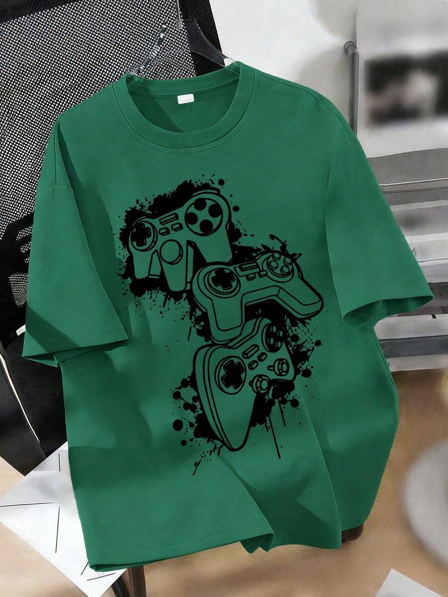 Camiseta de cuello redondo con estampado de controlador de juego con graffiti pintado a mano para adolescentes varones, nueva ropa de verano para niños - Verde Oscuro - Ver 1