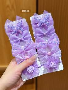 10个紫色蝴蝶结花朵弹力发圈，耐用又甜美的发饰 - 彩色 - 查看 2