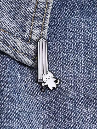 1pc Cute White Cat Holding Giant Sword Enamel Needle Cartoon Cute Animal Badge Clothes Backpack Accessories Jewelry Gifts For Friends