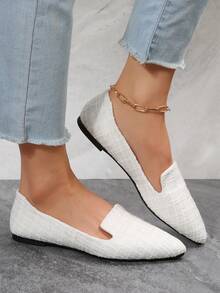 Women's Solid Color Bow Decor Pointed Toe Slip-On Flat Shoes, Casual Fashion Elegant Loafers, Comfortable Soft Bottom Daily Commute Office Shoes, Black, Spring/Autumn - White Mig - View 5