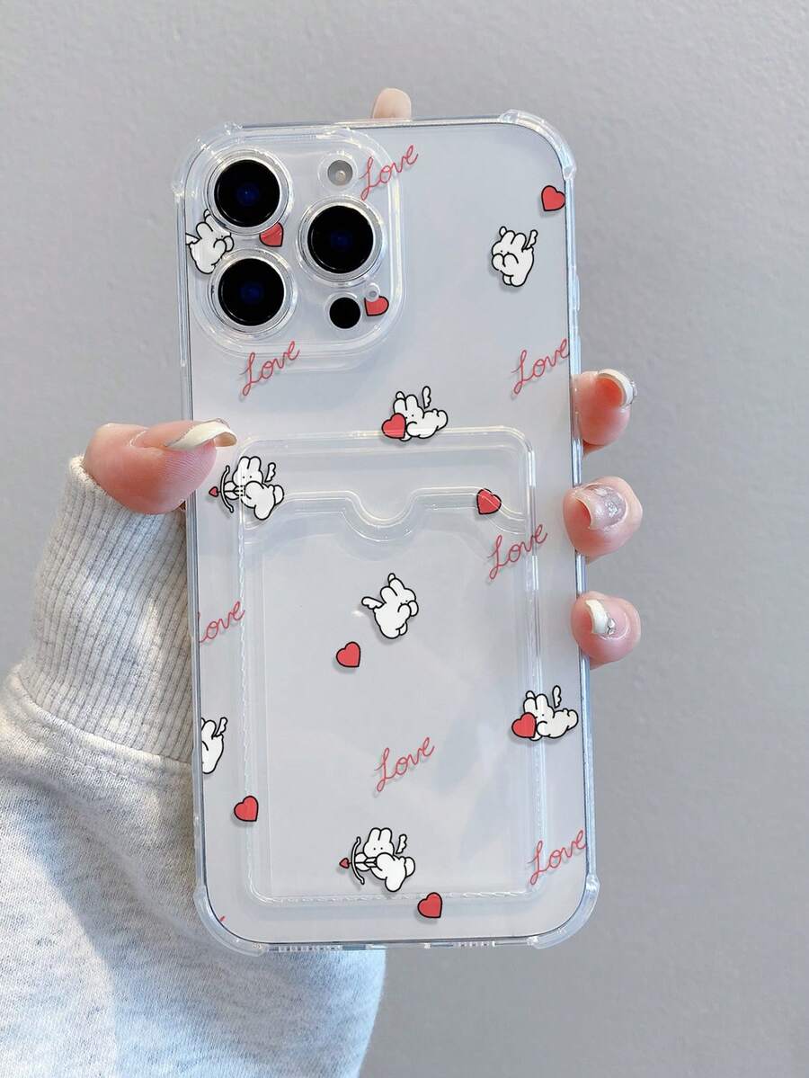 1pc Transparent Card Slot Full Screen Valentine's Day Rabbit Angel Love Heart Letter Pattern Painted Anti-Drop Phone Case Compatible With Apple Xs/Xs Max/Xr/11/12/13/14/14 Plus/15/15 Plus/16/16 Plus/7/8 Plus/17/17 Pro And Other Models - Multicolor - View 1