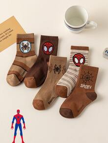 Marvel 5 Pairs Kids Socks, Spider-Man Superhero Socks For Boys Mid-Calf Socks, Korean Style Cartoon Socks For Girls, Autumn/Winter