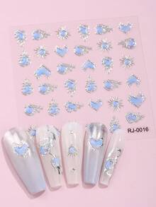 2pcs Valentine's Day 5D Embossed Jelly Heart Nail Stickers With Floral Design Spring/Summer Silver Chrome-Plated Blue Sun Geometric Nail Art Perfect For Women's Daily Dates DIY Nail Decoration Nails - Mint Blue - View 3