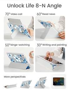 优雅可爱的卡通油画蓝色花卉双面亚克力透明水晶后盖，防震耐用，适用于iPad 7、8和10代（10.2英寸）。内置笔槽，支持睡眠/唤醒功能和多种折叠支架模式。是2026年新年和圣诞节的理想礼物。 - 彩色 - 查看 6