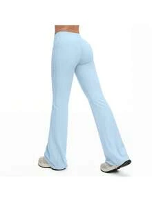 High-Waist Seamless Peach Hip Yoga Pants, Light Blue Tight-Fit Stretch Leggings For Workout, Gym, And Activewear - 藍色 - 查看 3