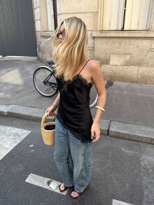 Satin & Lace Asymmetric Backless Camisole For Women Black Summer - Black - View 5