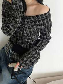 Spring/Autumn Off-Shoulder Button-Down Fitted Plaid Long Sleeve Shirt For Women Black - Black - View 7