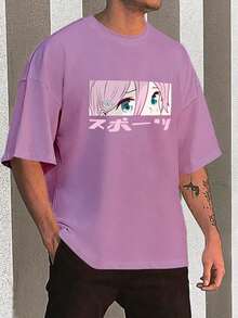 Y2K Anime Eye Print Oversized T-Shirt, Loose Fit, Premium Soft Fabric, Summer/Spring - 紫丁香 - 查看 1