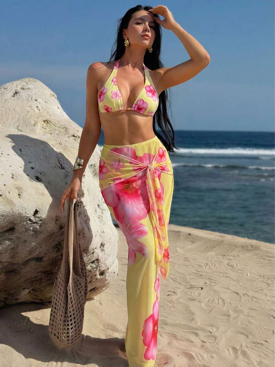 2026 Spring/Summer New Floral Print Halter Beaded Long Dress Style Swimsuit, Island Breeze Slimming Beach Dress Swimwear - Multicolor - View 1