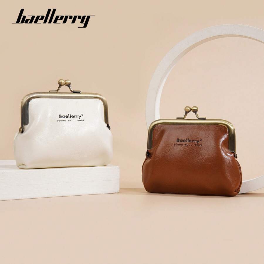 New Baellerry Women's Coin Purse, Korean Style, Made Of Oil Wax Leather, Simple And Fashionable, INS Style Kiss-Lock Bag. - 黃色 - 查看 1