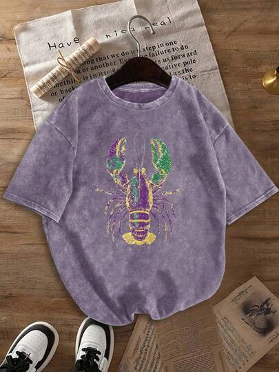 Plus Size Women's Casual Ripped Purple Base Shrimp Print Short Sleeve Graphic Tee, Round Neck, Loose Fit, Spring/Autumn, Ladies Top, Daily Wear, Plus Size Carnival Celebration Shirt