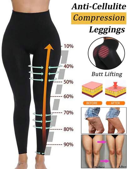 Anti Cellulite Women High Waist Tummy Control Leg Shaping Abdomen Compression Leggings Thigh Slimmer Slimming Body Shaper Sculpting Shapewear Butt Lifter Pants Skinny Stretchy Black
