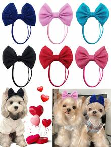 3Pcs Random Color Shiny Fabric Bow Pet Headband, Adjustable Bow Hair With Hat, Cat And Dog Dressing Supplies, Essential For Holiday Cute Pet Dressing Up, Puppy Keep Cute Must Have, Decorative Photography Is Super Eye-Catching, Soft And Skin Friendly Without Compromising The Head, Cachorro Feliz Decoration - Black - View 6
