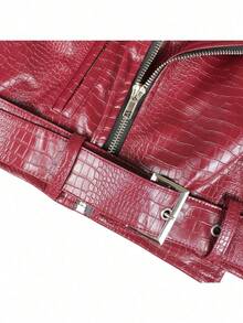 Women's Fashion Faux Fur Crocodile Print Jacket Collar Design Waist Belt Detail Zipper Closure - Red G0772 - View 10