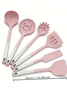 7件/6件套高品质粉色硅胶厨具套装，包含锅铲、汤勺、滤网和刷子。采用无异味硅胶材质，配有舒适的粉白渐变手柄。耐刮擦、不粘、耐热，适用于各种烹饪场景。必备厨房用具套装。 - 彩色 - 查看 3