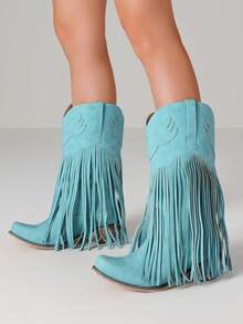 Vintage Fringe Tassel Western Cowgirl Boots For Women Pointed Toe Block Chunky Heels Slip-On Comfy Festival Riding Retro Mid Calf Cowboy Boots Woman - Màu xanh bạc hà - Xem 2
