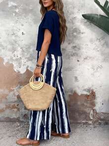 (Free Shipping) Women's 2-Piece Set:Daily Casual Minimalist T-Shirt & Striped Wide-Leg Pants For Spring/Summer; Vacation Outfits Women; Conjunto Para Mujer;Women Two Pieces Outfits For Daily Wear Island Vacation Outfits - Blue - View 4