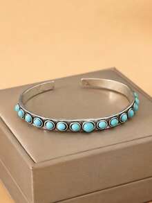 1pc Vintage Bohemian Style Turquoise Bracelet For Women, Fashionable Retro Jewelry Gift - Antique Silver - View 6