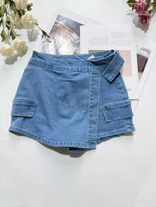 Falda-pantalón vaquera casual de mujer con detalles de cremallera, shorts mini con estiramiento medio para el verano - Azul - Ver 4
