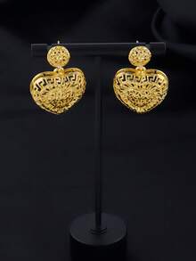 3pcs 24K Gold-Plated Middle Eastern Fashion Style Heart Shaped Jewelry Set, Necklace & Earrings, Luxcy & Retro, Ideal For Women's Daily Wear, Vacation, New Year, Valentine's Day, Eid Al-Fitr , Galas, Weddings, Banquet - Gold - View 6