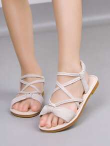 泰国手工编织凉鞋，女童鞋，天然橡胶波西米亚风夏季户外沙滩鞋，防滑 - 米色 - 查看 1