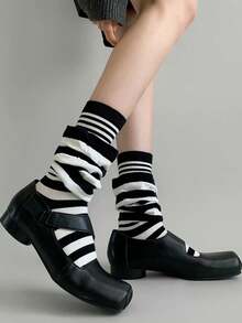1/4 Pairs 2 In 1 Design Striped Layered Mid-Calf Socks, Suitable For All Seasons - Multicolor - View 10